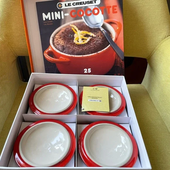 Le Creuset Stoneware Cherry Red Set of 4 Mini Cocottes with Recipe Book - Picture 15 of 15